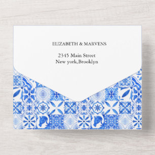 Boho Blue tile and Lemon Arch wedding All In One Invitation