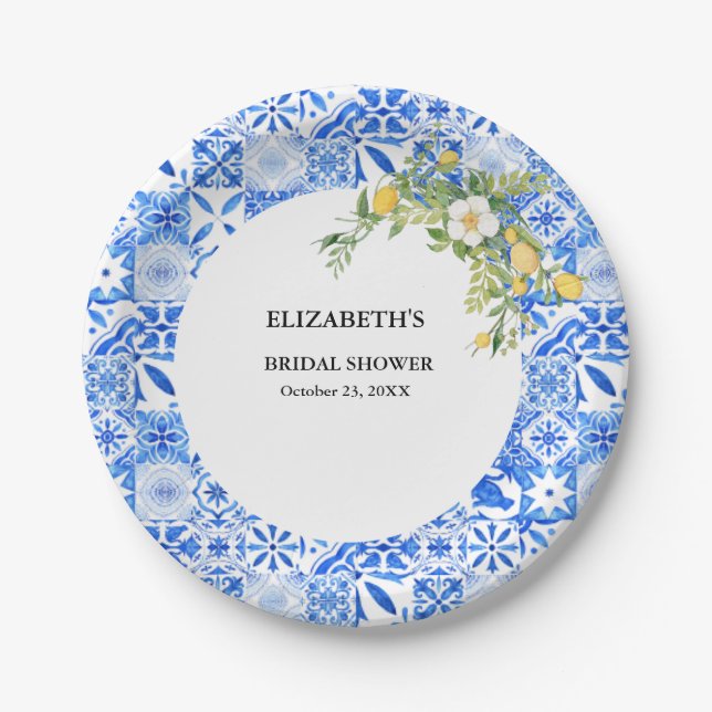 Boho Blue tile and Lemon wedding Arch Paper Plate (Front)