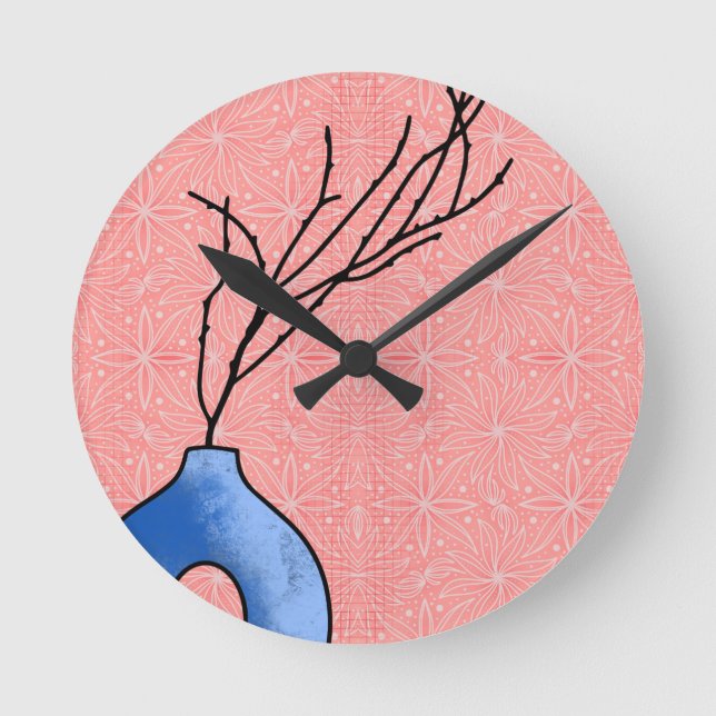 Boho Blue Vase Soft Pink Floral Background Clock (Front)