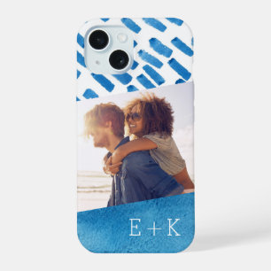 Boho Blue Watercolor Abstract Monogrammed Photo iPhone 15 Case