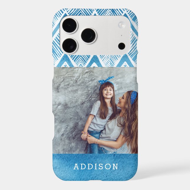 Boho Blue Watercolor Chevron | Monogrammed Photo (Back)
