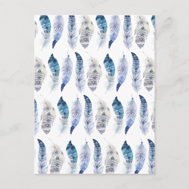 Boho Blue Watercolor Feathers All Over Print Postcard (Front)