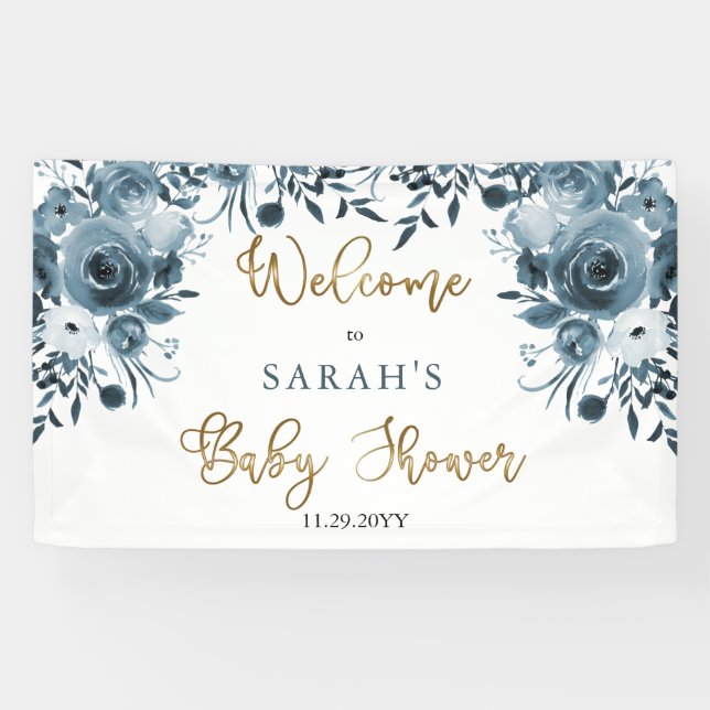 Boho Blue Watercolor Floral Baby Shower Welcome Banner (Horizontal)