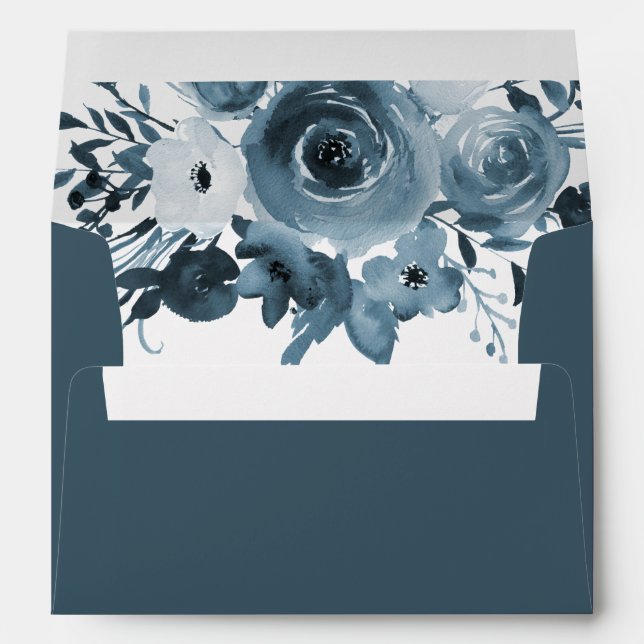 Boho Blue Watercolor Monochromatic Floral Bouquet Envelope (Back (Bottom))