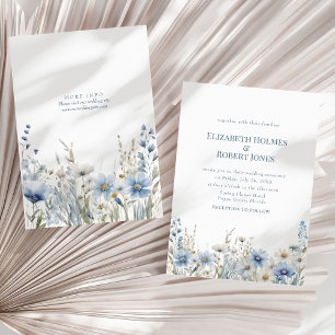 Boho Blue Watercolor Wildflowers Meadow Wedding Invitation