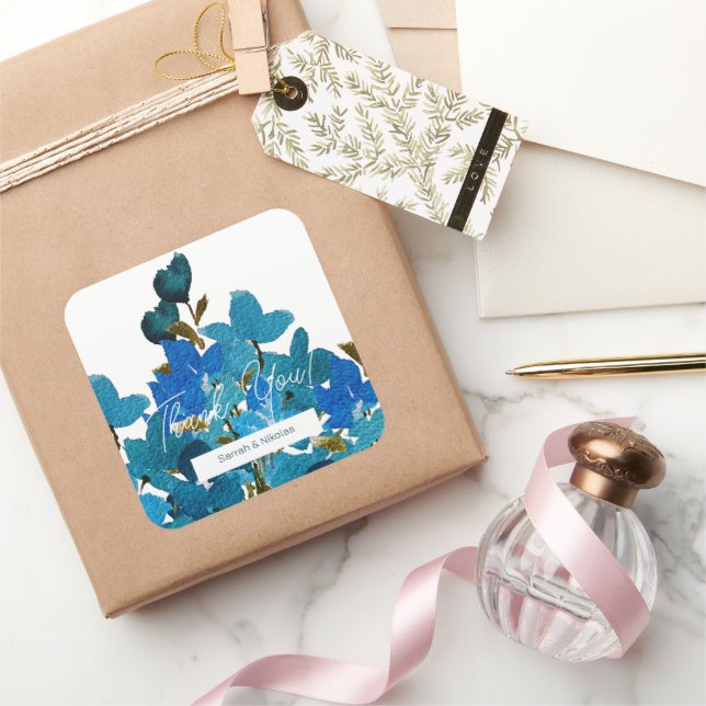 Boho Blue Watercolor Wildflowers Monogrammed Square Sticker (Gifting)