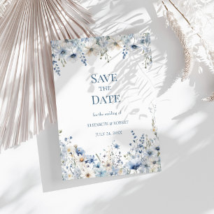 Boho Blue Watercolor Wildflowers Save The Date Invitation