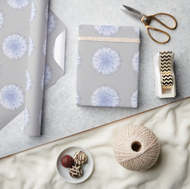 Boho Blue White Dandelion Wildflower Weed Grey Wrapping Paper (Crafts)