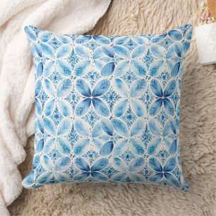 Boho Blue White Floral Abstract Cushion