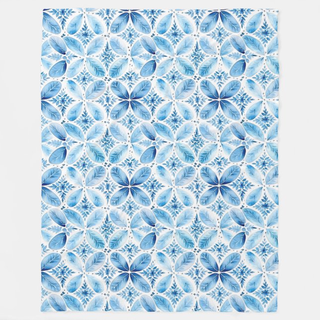 Boho Blue White Floral Abstract Fleece Blanket (Front)