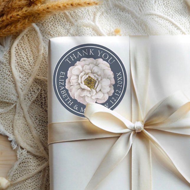 Boho Blue & White Floral Wedding Favour Classic Round Sticker (Creator Uploaded)