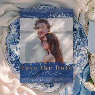 Boho Blue, White & Gold Save the Date