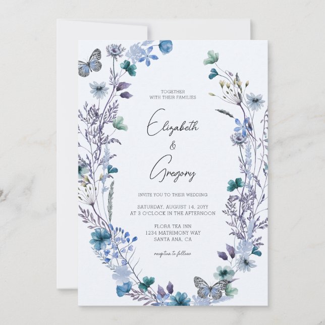 Boho Blue Wildflower Butterfly Wedding Invitation (Front)