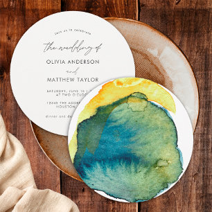 Boho Blue Yellow Abstract Watercolor Wedding Invitation