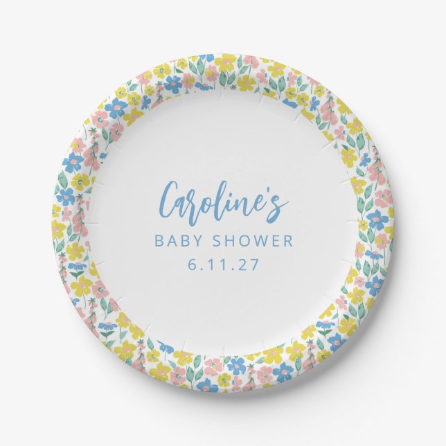 Boho Blue Yellow Ditsy Floral Custom Baby Shower Paper Plate (Front)