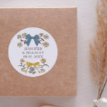 Boho Blue Yellow Ribbons Floral Wedding Favour  Classic Round Sticker<br><div class="desc">Boho and rustic wedding favour sticker featuring hand drawn illustration of bows and flowers in blue and yellow colours.</div>