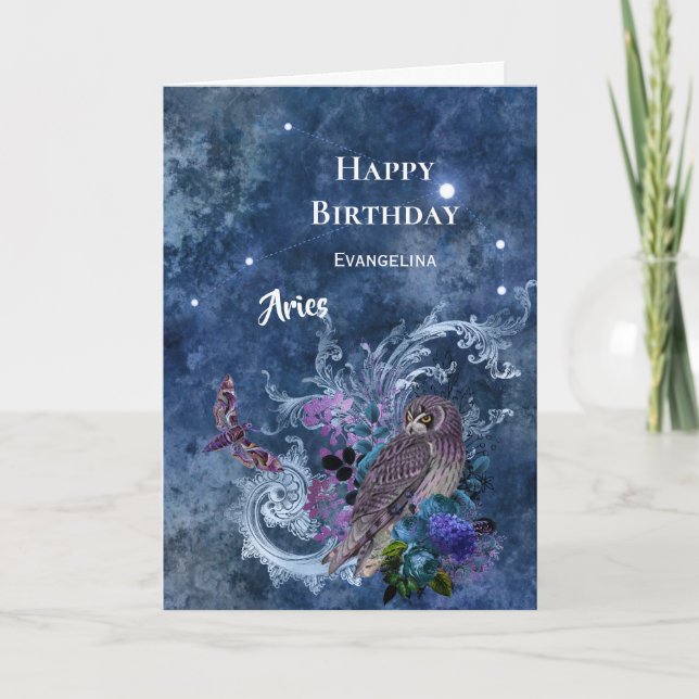 Boho Blue Zodiac Aries Constellation Birthday Card (Front)