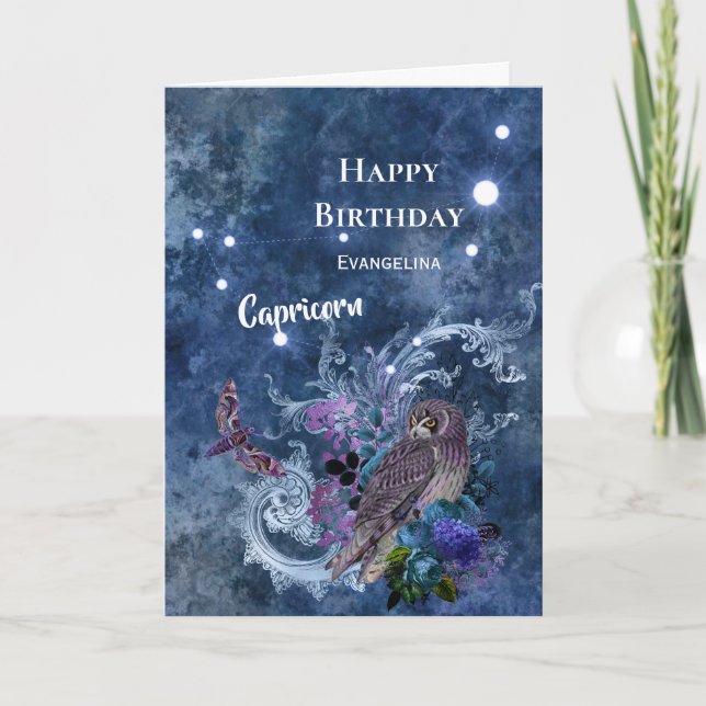 Boho Blue Zodiac Capricorn Constellation Birthday Card (Front)