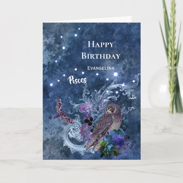 Boho Blue Zodiac Pisces Constellation Birthday Card (Front)