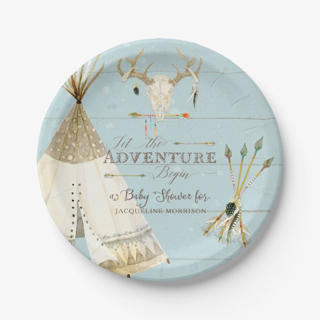 BOHO BlueTeepee Arrows Deer Antler Baby Boy Shower Paper Plate (Front)