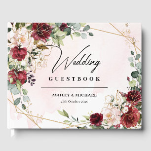 Boho blush and burgundy roses eucalyptus wedding guest book