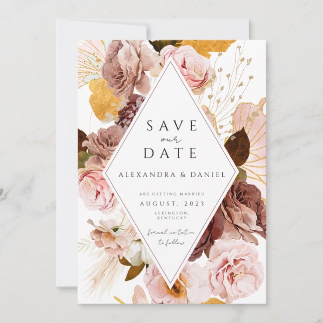 Boho Blush and Rose pampas save the date  Invitation (Front)