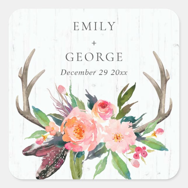 BOHO BLUSH ANTLER FLORAL WOODEN COUNTRY  WEDDING SQUARE STICKER (Front)