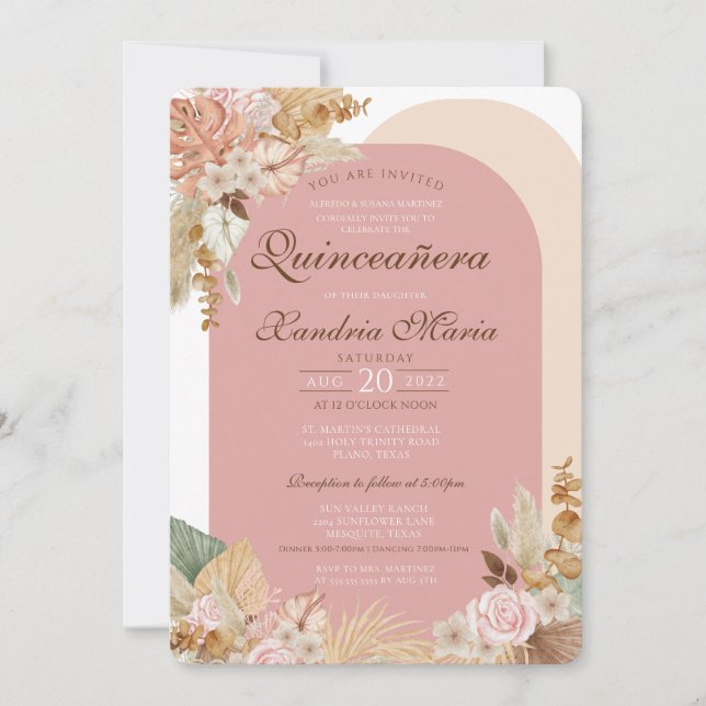 Boho Blush Beige Dried Rose Floral Quinceanera Invitation (Front)