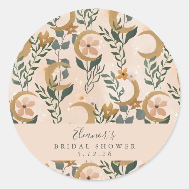 Boho Blush Botanical Moon Custom Bridal Shower  Classic Round Sticker (Front)
