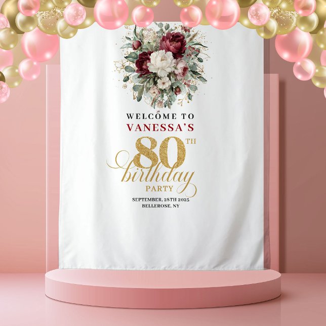 Boho Blush Burgundy 80th Birthday Backdrop Tapestry (Boho Blush Burgundy 80th Birthday Backdrop)
