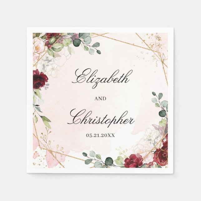 Boho blush burgundy floral gold geomertic wedding napkin (Front)