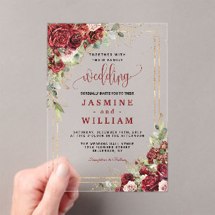Boho Blush Burgundy Floral Gold Geometric Wedding Acrylic Invitations