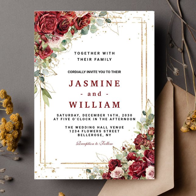 Boho Blush Burgundy Floral  Gold Geometric Wedding Invitation (Creator Uploaded)