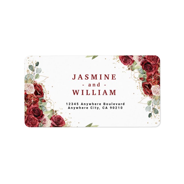 Boho Blush Burgundy Floral Gold Geometric Wedding Label (Front)