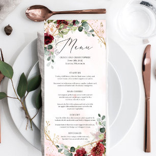 Boho blush burgundy floral gold geometric wedding menu