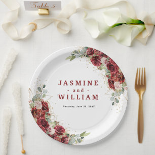 Boho Blush Burgundy Floral Gold Geometric Wedding Paper Plate