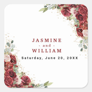 Boho Blush Burgundy Floral Gold Geometric Wedding Square Sticker
