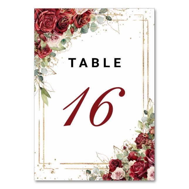 Boho Blush Burgundy Floral  Gold Geometric Wedding Table Number (Front)