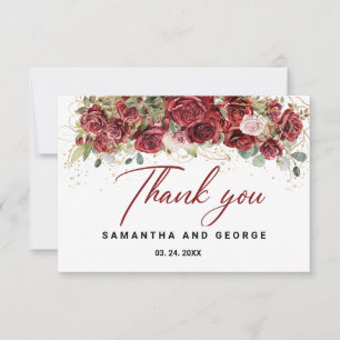 Boho Blush Burgundy Floral Gold Geometric Wedding Thank You Card