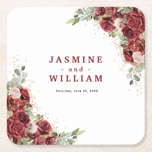 Boho Blush Burgundy Floral  Gold  Wedding  Square Paper Coaster