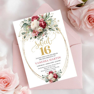 Boho Blush Burgundy Gold Roses Sweet 16 Invite