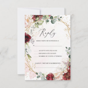 Boho blush burgundy pink and gold geometric RSVP card