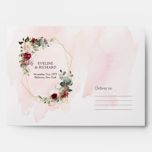 Boho blush burgundy pink & gold geometric wedding envelope (Front)