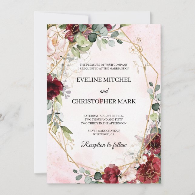 Boho blush burgundy pink gold geometric wedding invitation (Front)