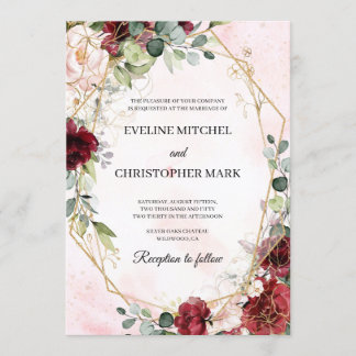 Boho blush burgundy pink gold geometric wedding invitation