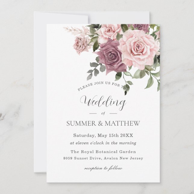 Boho Blush Cinnamon Rose Floral Greenery Wedding Invitation (Front)