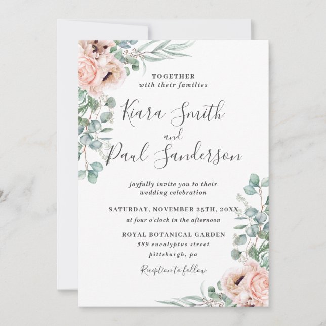 Boho Blush Dusty Pink Floral Eucalyptus Wedding Invitation (Front)