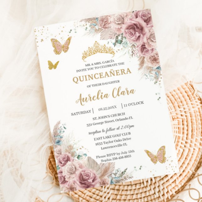 Boho Blush Dusty Rose Floral Pampas Quinceañera  Invitation (Creator Uploaded)