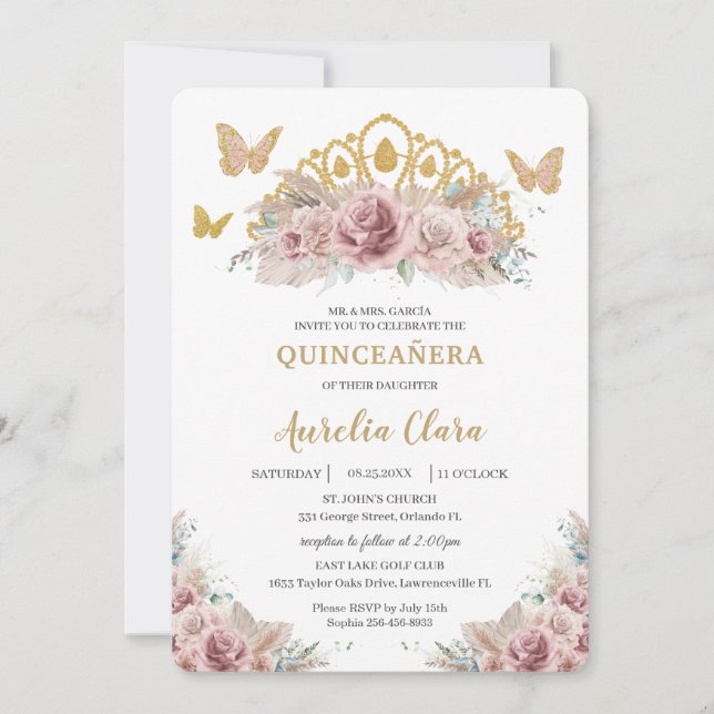 Boho Blush Dusty Rose Floral Pampas Quinceañera  Invitation (Front)