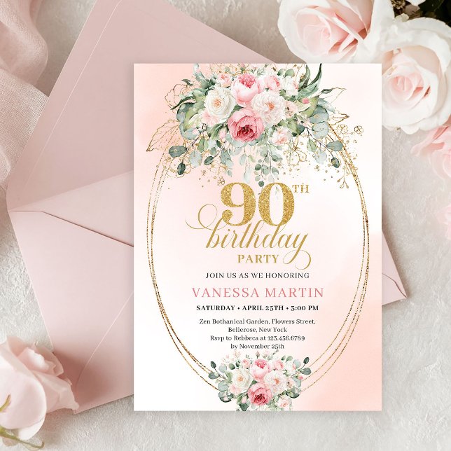 Boho Blush Floral Gold Frame Minimal 90th Birthday Invitation (Chic Blush Roses Greenery 90th Birthday Celebration Invite)